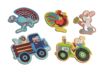 Drewniane puzzle farma z postaciami zwierząt i pojazdów rolniczych dla dzieci. Scratch Pierwsze Puzzle Farma