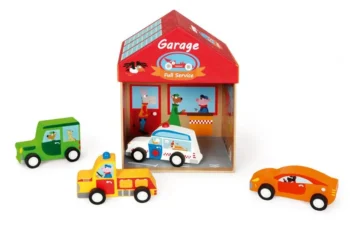 Drewniany domek garaż z trzema kolorowymi samochodzikami dla dzieci. Scratch Domek GARAŻ 2w1