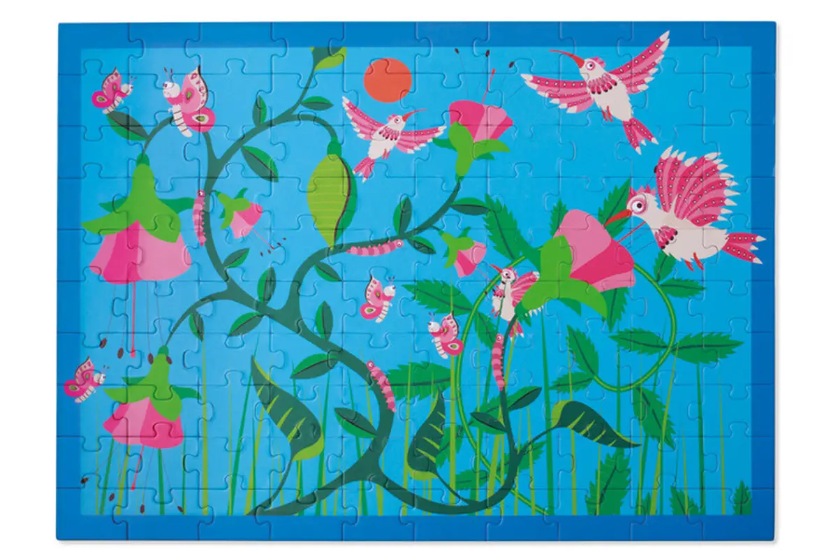 Układanka puzzle 100 elementów z motywem kolorowych kolibrów i kwiatów na niebieskim tle dla dzieci. Scratch Puzzle KOLIBRY 100szt