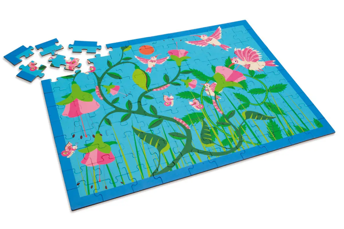 Układanka puzzle z motywem kolibrów i kwiatów na niebieskim tle 100 elementów. Scratch Puzzle KOLIBRY 100szt