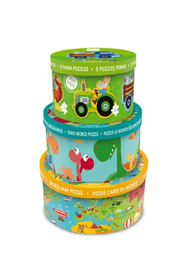 Zestaw trzech puzzli dla dzieci z motywem dinozaurów i farmy w kolorowych okrągłych pudełkach. Scratch Puzzle Dino 40szt