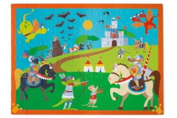 Puzzle 60 elementów z ilustracją rycerzy na koniach i zamku na tle zielonej łąki dla dzieci. Scratch Puzzle Rycerz 60szt