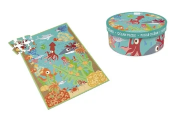 Puzzle ocean z 100 elementami z kolorowymi rybami i ośmiornicą dla dzieci. Scratch Puzzle OCEAN 100szt