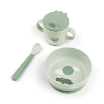 Zielony zestaw do karmienia dla dziecka z kubkiem z uchwytami łyżeczką i miską z motywem chmur i zwierząt. Done by Deer Pierwszy Zestaw Obiadowy Foodie Happy Clouds Green