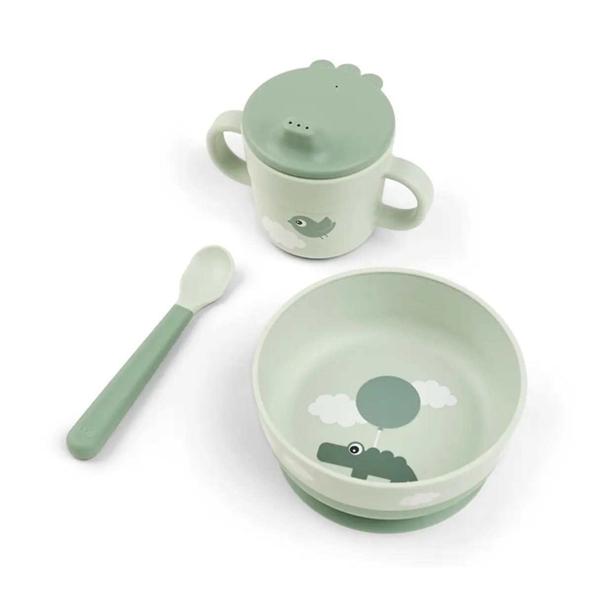 Zielony zestaw do karmienia dla dziecka z kubkiem z uchwytami łyżeczką i miską z motywem chmur i zwierząt. Done by Deer Pierwszy Zestaw Obiadowy Foodie Happy Clouds Green