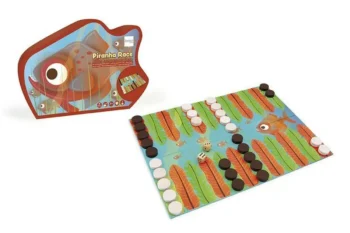 Plansza do gry w backgammon z pionkami w kolorze białym i brązowym oraz motywem piranii na tle w kolorze niebieskim i zielonym dla dzieci. Scratch Gra Backgammon Wyścig Piranii