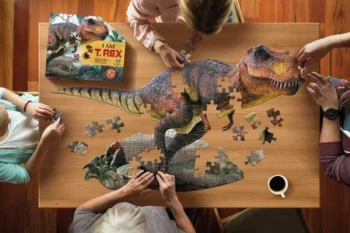 Układanie puzzli konturowych dinozaur t-rex 100 elementów na drewnianym stole z kubkiem czarnej kawy dla dzieci i dorosłych. Madd Capp Puzzle konturowe I AM T-REX 100 elem