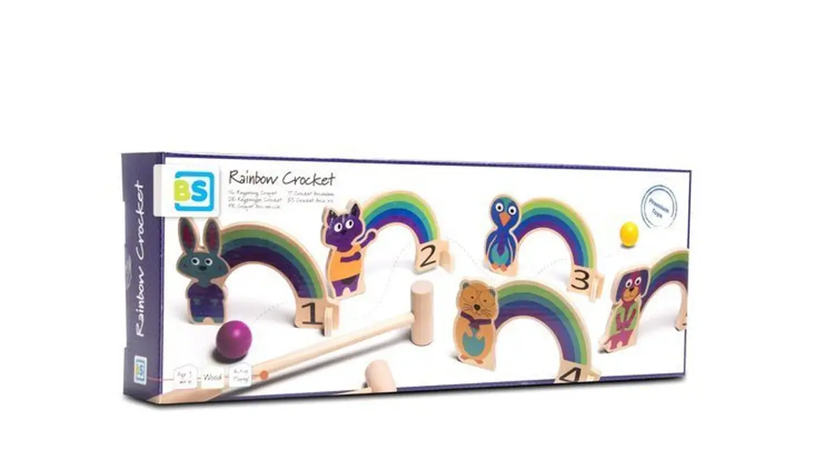 Drewniany zestaw do gry w krykiet z kolorową tęczą i zwierzęcymi postaciami dla dzieci. BS Toys Drewniany krykiet dla dzieci zestaw Tęcza