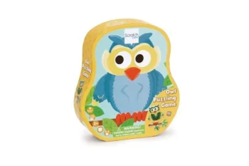 Puzzle sensoryczne dla dzieci z motywem niebieskiej sowy na żółtym tle. Scratch Puzzle sensoryczne dla dzieci Gra Sówki