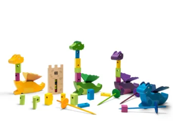 Drewniana gra zręcznościowa z kolorowymi elementami i figurkami smoków dla dzieci. BS Toys drewniana gra zręcznościowa Wieża smoka