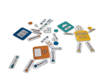 Elementy gry logicznej do układania robota z kolorowymi częściami dla dzieci. BS Toys gra logiczna 3w1 Robot mój przyjaciel