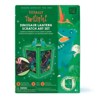 Zestaw kreatywny do zdrapywania lampion dinozaur dla dzieci 6 plus zielone tło z dinozaurem i ilustracjami. Box Candiy Zestaw Kreatywny Zdrapka Lampion Dino