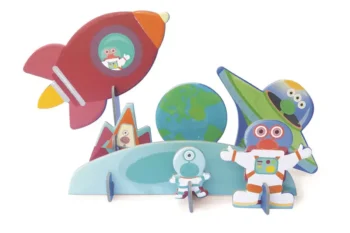 Drewniane puzzle 3d kosmos z rakietą, planetą i astronautami dla dzieci. Scratch Puzzle 2w1 — 2D i 3D scenografia Kosmos