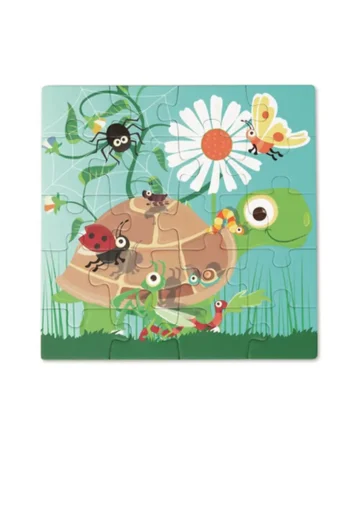 Magnetyczne puzzle dla dzieci z obrazkiem żółwia, biedronki, pająka i motyla na tle kwiatów i trawy. Scratch Puzzle magnetyczne książka podróżna W ogrodzie 2 obrazki 40 elem