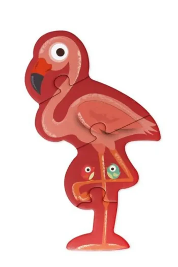 Puzzle tradycyjne dla dzieci w kształcie różowego flaminga z elementami anatomicznymi zwierzęcia. Scratch Pierwsze duże puzzle dla dzieci 5 Zwierząt Safari