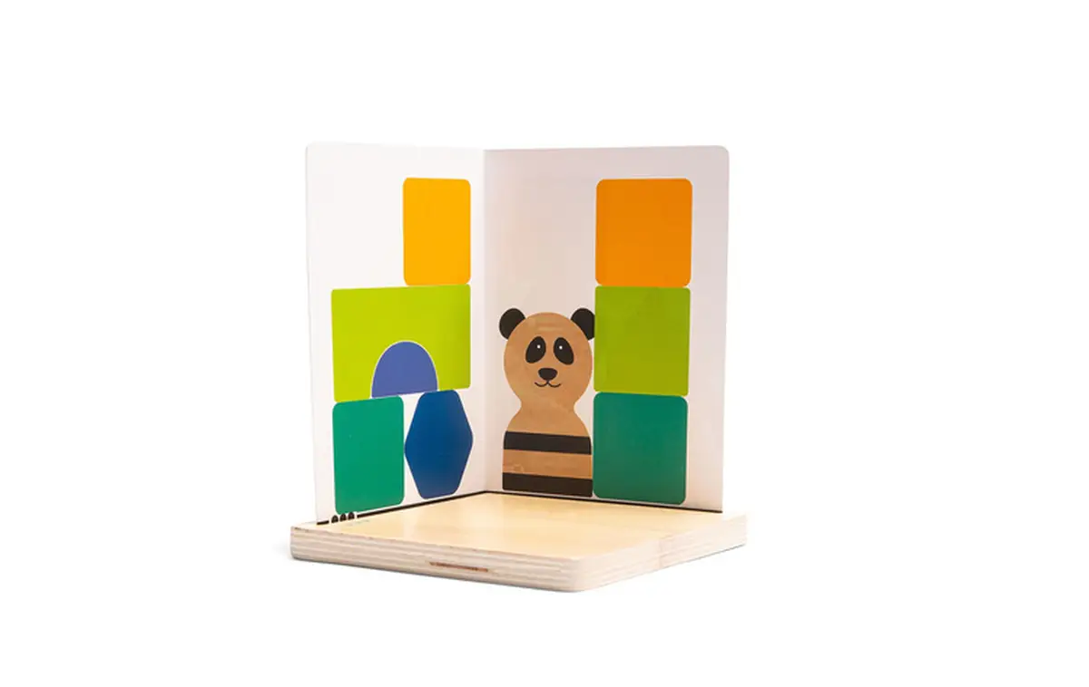 Drewniana gra logiczna 3D panda kolorowe klocki puzzle dla dzieci. BS Toys drewniana gra logiczna Łamigłówka puzzle 3D Panda