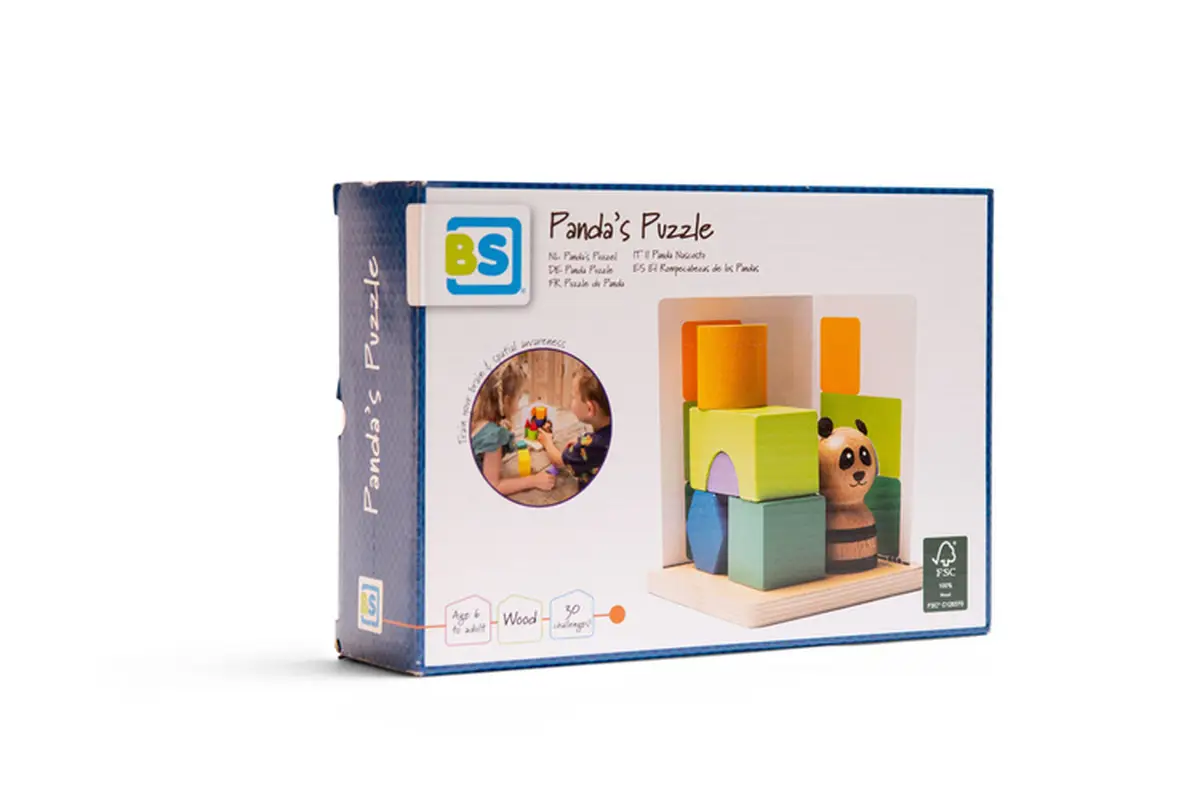 Drewniana gra logiczna 3D panda puzzle dla dzieci. BS Toys drewniana gra logiczna Łamigłówka puzzle 3D Panda