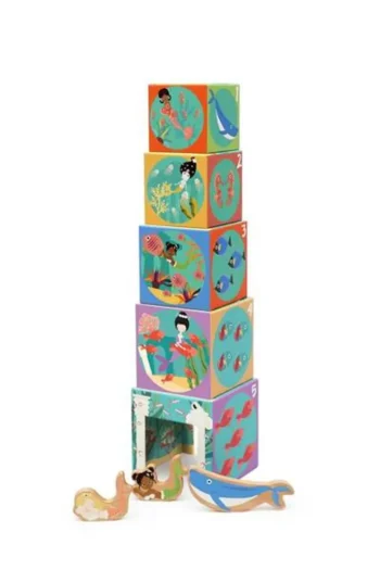 Drewniana piramida edukacyjna z motywem oceanu z kolorowymi ilustracjami i drewniane figurki zwierząt morskich dla dzieci. Scratch Piramida edukacyjna i drewniane figurki OCEAN