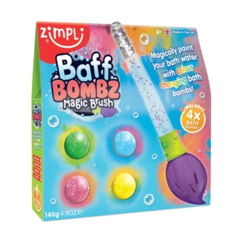 Zestaw czterech kolorowych kul do kąpieli z pędzlem do malowania wody dla dzieci powyżej 3 lat. Zimpli Kids Kule do zabawy zestaw 4szt. z pędzlem Baff Bombz Magic Brush 3+