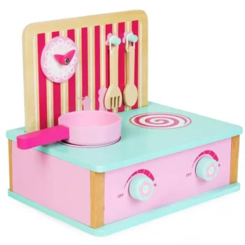 Drewniana kuchenka dla dzieci różowa z tablicą menu i akcesoriami kuchennymi. boppi Drewniana kuchenka z tablicą menu