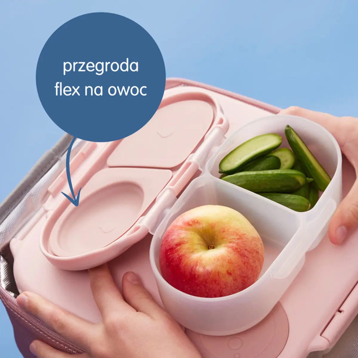 Pojemnik na przekąski z przegrodą flex na owoc biały z zielonymi warzywami i jabłkiem dla dziecka. b.box Snackbox pojemnik na przekąski Chill Out