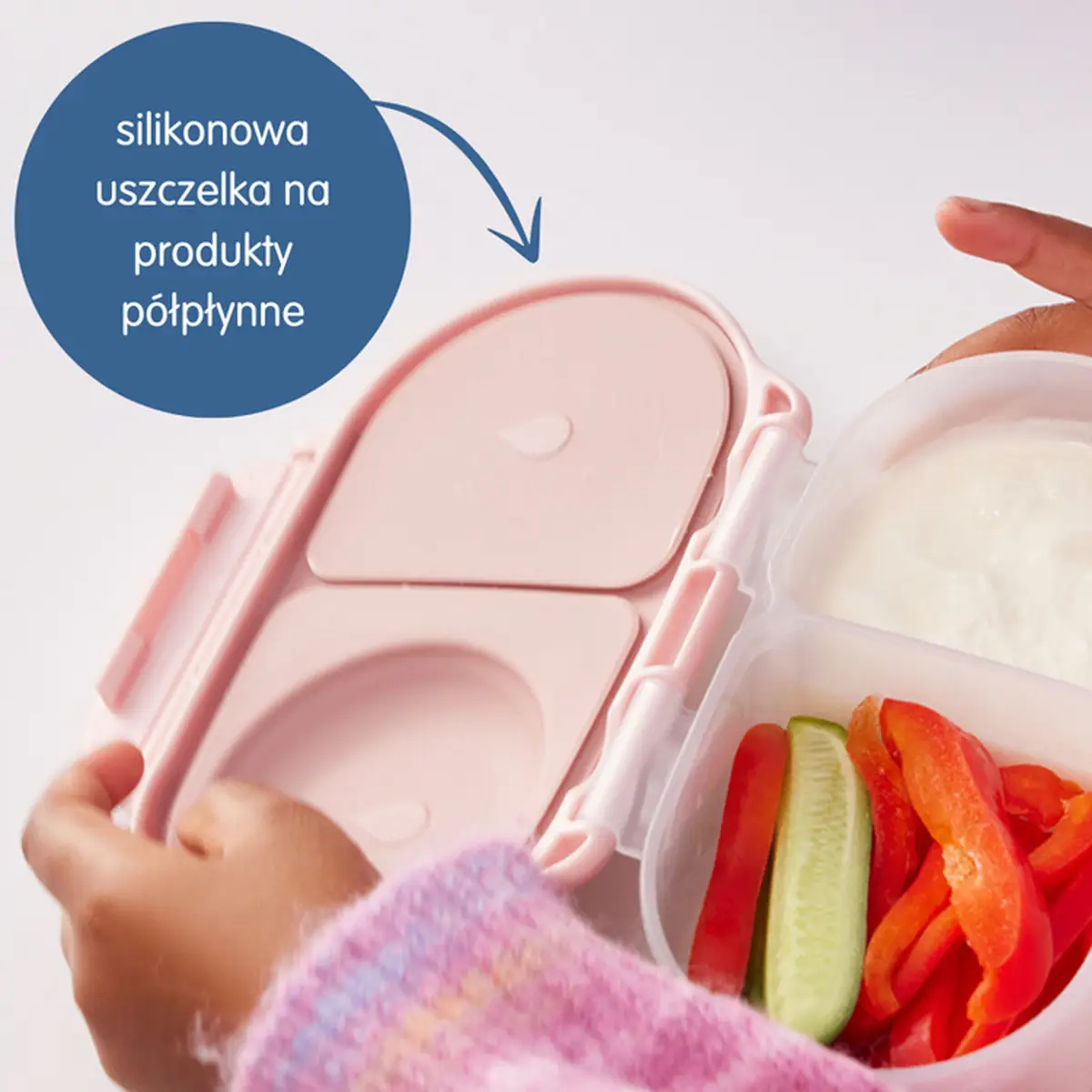 Różowy pojemnik na przekąski z silikonową uszczelką i przegródkami dla dziecka. b.box Snackbox pojemnik na przekąski Chill Out