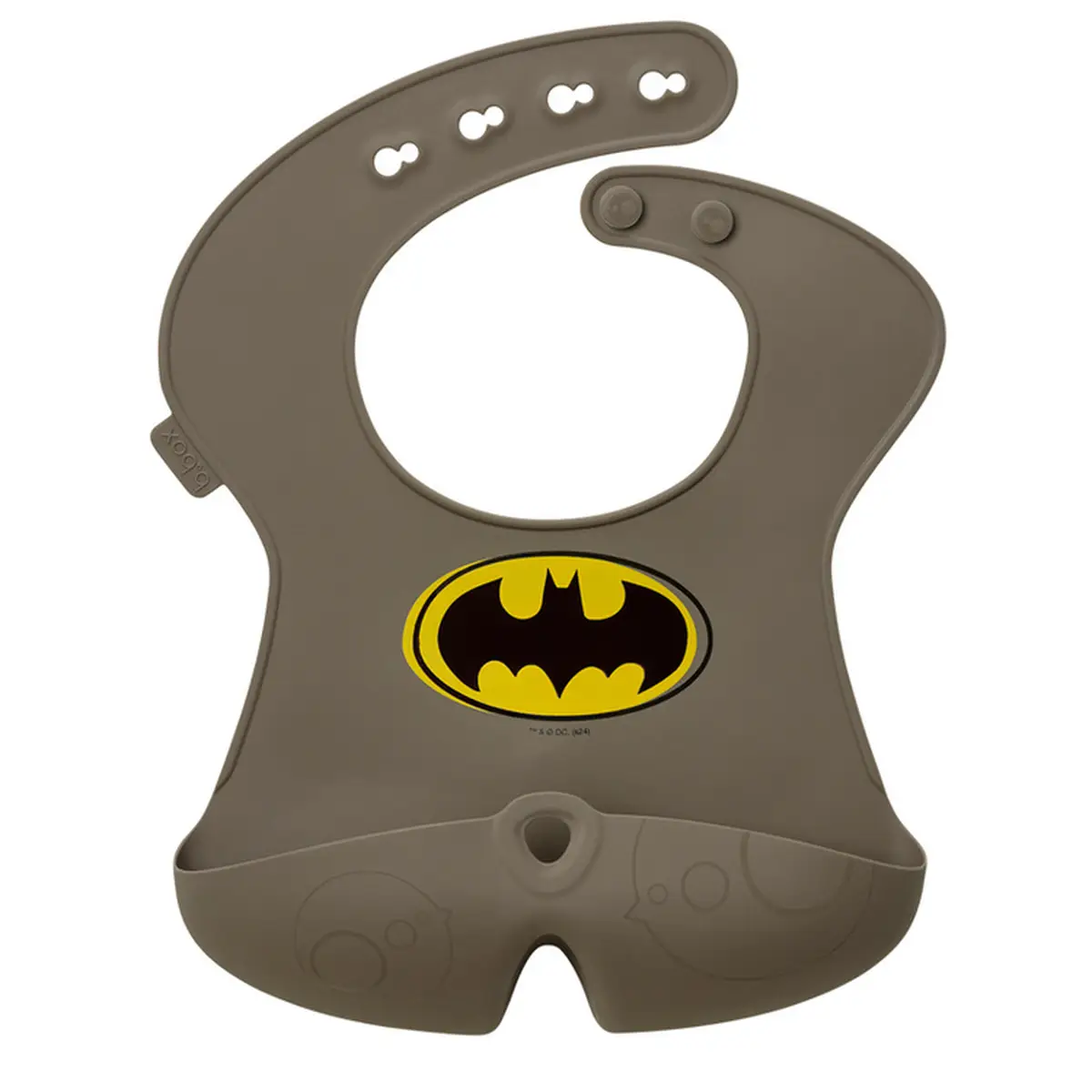 Szary silikonowy śliniak dla dziecka z motywem Batmana i otwartą kieszonką na okruszki. b.box Batman by Śliniak z otwartą kieszonką