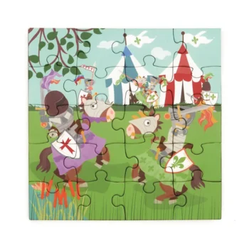 Magnetyczne puzzle dla dzieci 40 elementów obrazek rycerze na koniach na tle namiotów i zielonej łąki. Scratch Puzzle magnetyczne książka podróżna Rycerze 2 obrazki 40 elem