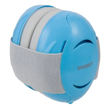 Niebieskie słuchawki ochronne dla niemowląt i dzieci 0-3 lat z regulowanym szarym paskiem. Dooky Słuchawki ochronne Baby Earmuff blue 0-3 l