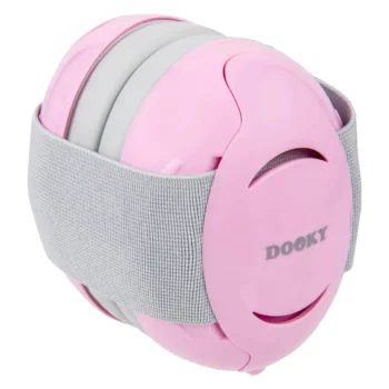 Różowe słuchawki ochronne dla niemowląt 0-3 lat z regulowanym szarym paskiem. Dooky Słuchawki ochronne Baby Earmuff pink 0-3 l