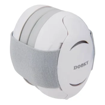 Białe słuchawki ochronne dla niemowląt 0-3 lat z regulowanym szarym paskiem. Dooky Słuchawki ochronne Baby Earmuff white 0-3 l
