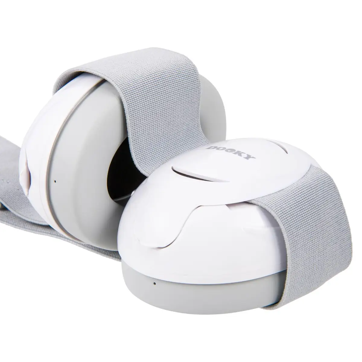 Białe słuchawki ochronne dla niemowląt z regulowanym szarym paskiem 0-3 lata. Dooky Słuchawki ochronne Baby Earmuff white 0-3 l