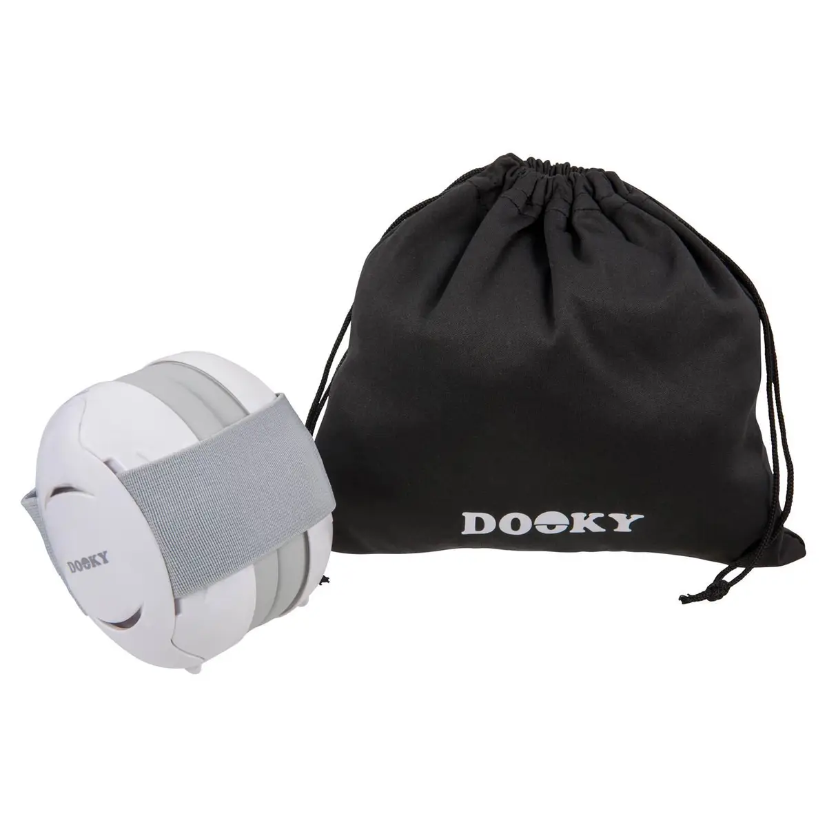 Białe słuchawki ochronne dla niemowląt 0-3 lat z regulowanym paskiem i czarnym woreczkiem do przechowywania. Dooky Słuchawki ochronne Baby Earmuff white 0-3 l