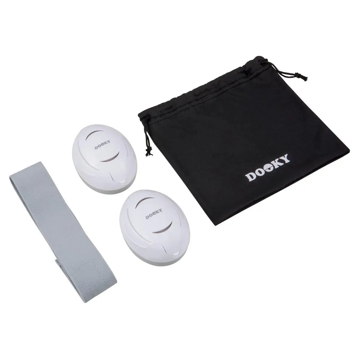 Białe słuchawki ochronne dla niemowląt 0-3 lat z regulowanym paskiem i czarnym woreczkiem do przechowywania. Dooky Słuchawki ochronne Baby Earmuff white 0-3 l