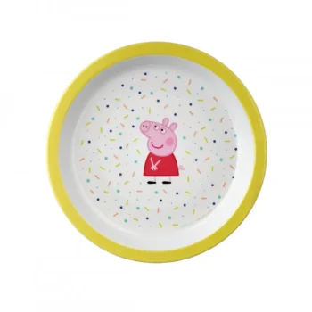 Talerzyk dziecięcy żółty z motywem świnki Peppy i kolorowymi kropkami fi 18 cm. Petit Jour Talerzyk fi 18cm żółty Świnka Peppa