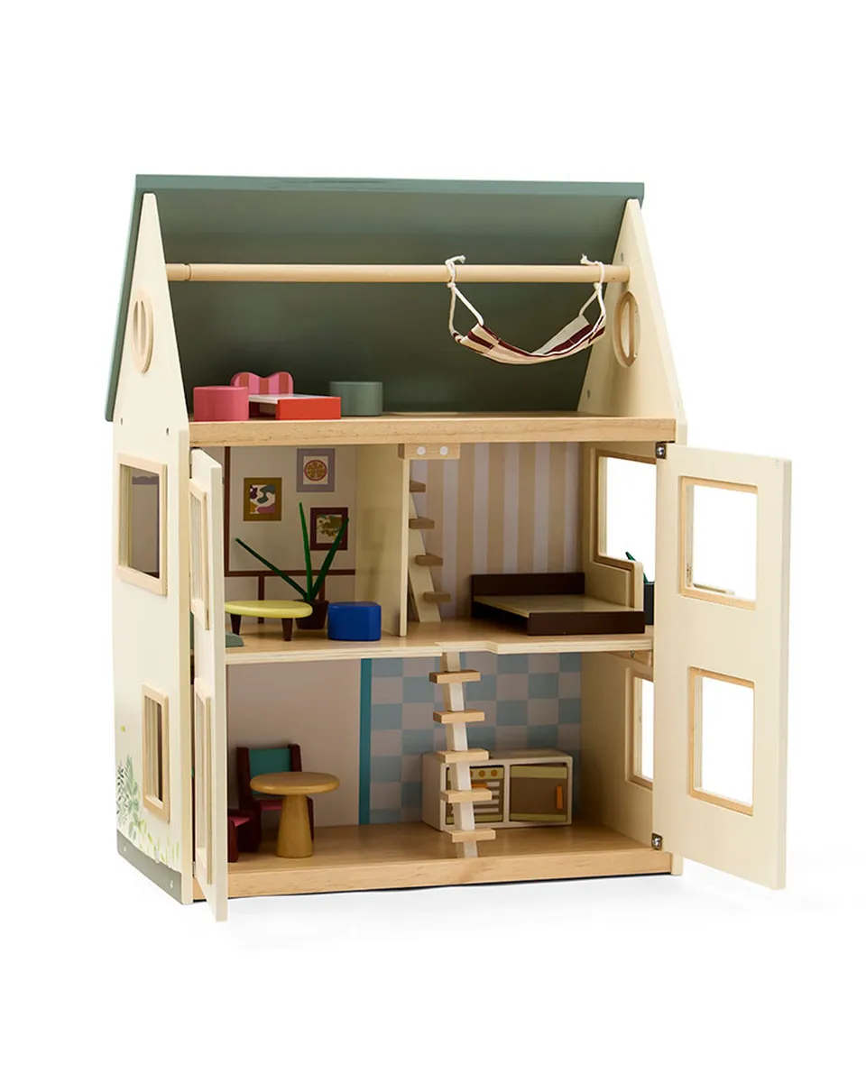 Drewniany domek dla lalek z otwieranymi drzwiami i mebelkami dla dzieci. Kid’s Concept Domek dla lalek AIDEN
