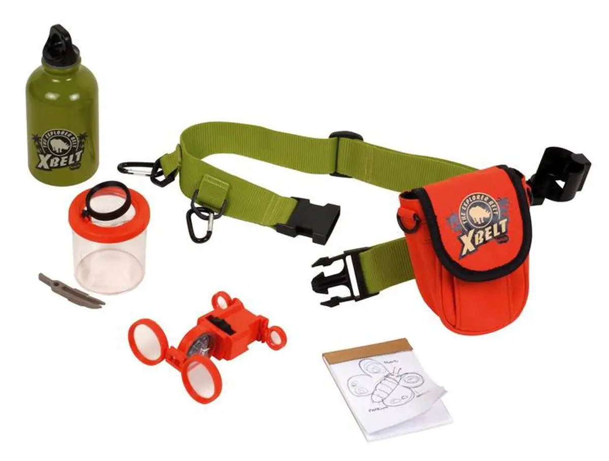 Zestaw przyrodnika z zielonym paskiem czerwoną saszetką lupą pojemnikiem i notesem dla dziecka. Navir Explorer belt Zestaw przyrodnika
