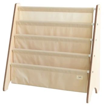 Stojak na książki dla dzieci beżowy z materiałowymi kieszeniami i drewnianą ramą. 3 Sprouts Stojak na Książki Recycled Solid Beige