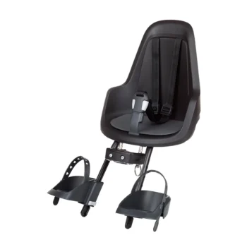 Czarny fotelik rowerowy dla dziecka z pasami bezpieczeństwa i podnóżkami. Bobike Fotelik row. GO MINI urban black
