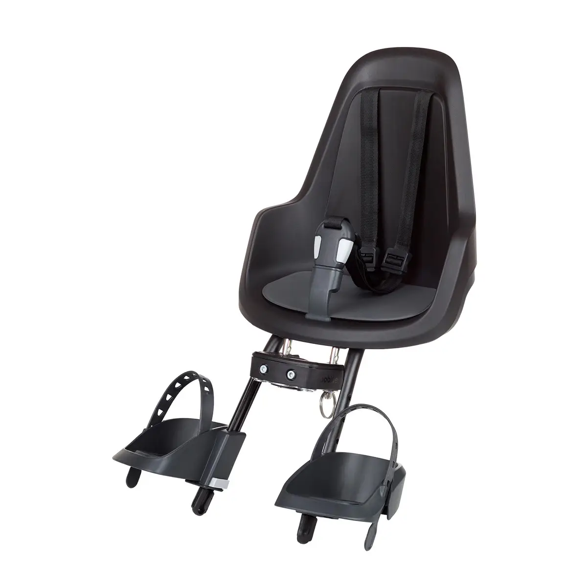 Czarny fotelik rowerowy dla dziecka z pasami bezpieczeństwa i podnóżkami. Bobike Fotelik row. GO MINI urban black