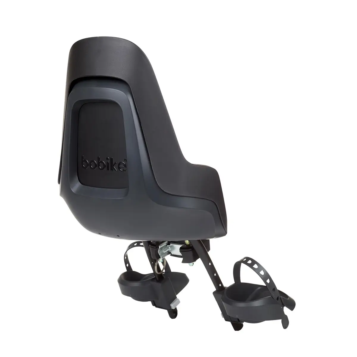 Czarny fotelik rowerowy dla dziecka z pasami na stopy i wysokim oparciem. Bobike Fotelik row. GO MINI urban black