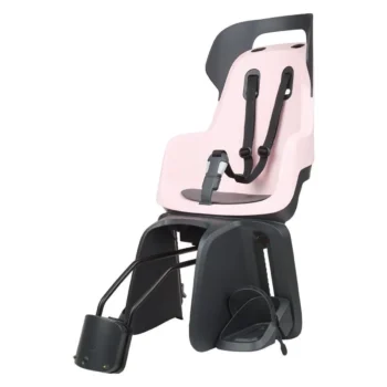 Różowy fotelik rowerowy dla dziecka z czarnymi pasami i mocowaniem na ramę roweru. Bobike Fotelik row. GO RS 1P rama Candy Pink