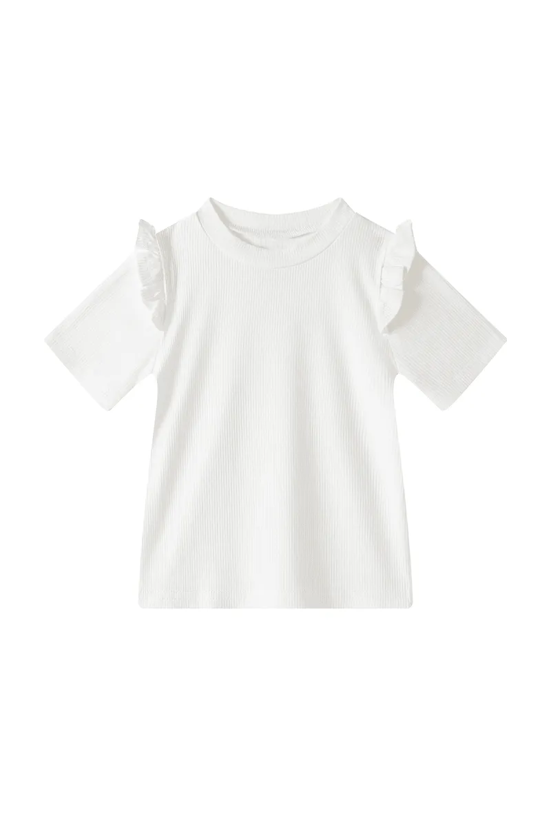 Biała koszulka z krótkim rękawem i falbankami na ramionach dla dziewczynki. Fig&Pear Biały T-shirt dla dziewczynki