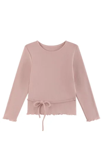 Damska prążkowana bluzka z długim rękawem i wiązaniem w talii jasnoróżowa. Fig&Pear Prążkowana bluzka z wiązaniem Light Pink