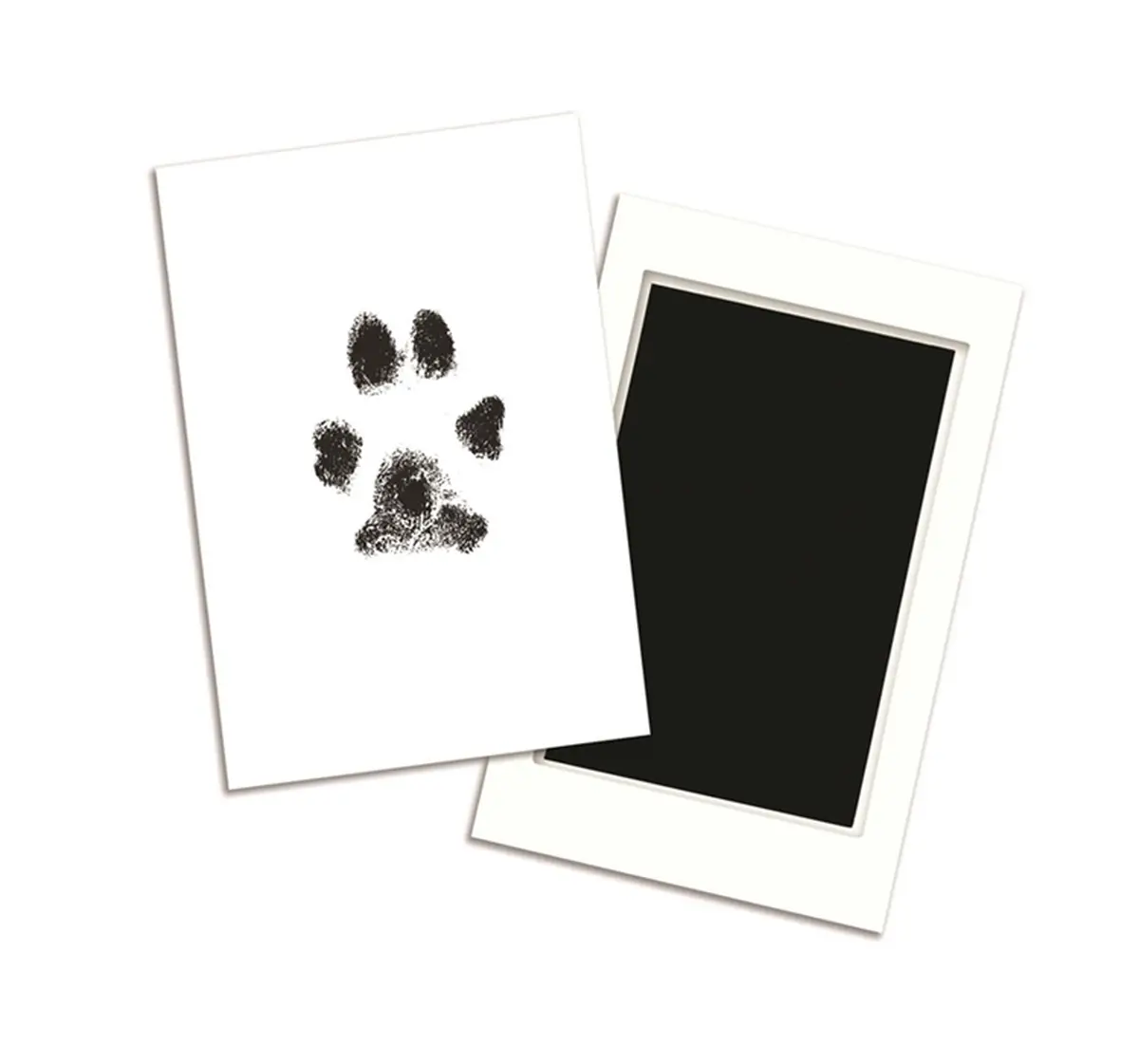 Biała karta z czarnym odciskiem łapy obok biała ramka na zdjęcie dla miłośników zwierząt. Pearhead Atramentowy Odcisk Łapy Clean-Touch