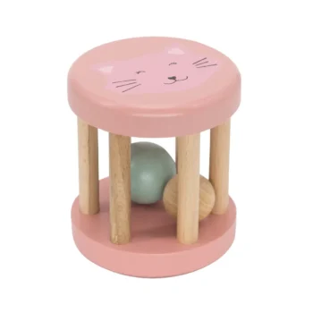 Drewniana różowa grzechotka roller z motywem kota dla niemowlaka. Trixie Drewniana grzechotka roller Kot Baby