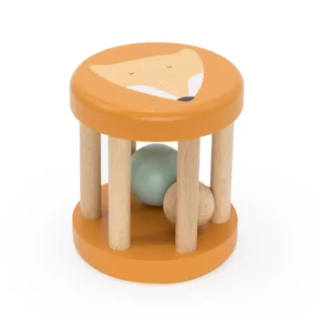 Drewniana grzechotka roller w kolorze pomarańczowym z motywem lisa dla niemowlaka. Trixie Drewniana grzechotka roller Lis Baby