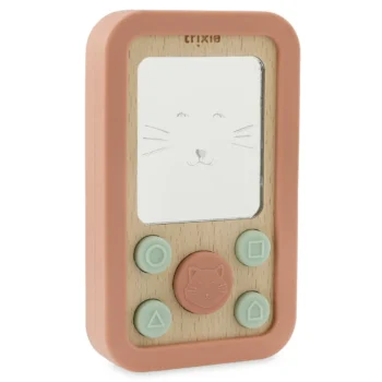 Drewniany i silikonowy telefon dla niemowląt w kolorze brzoskwiniowym z motywem kota i przyciskami w pastelowym odcieniu zieleni dla dziecka. Trixie Drewniany silikonowy telefon dla niemowląt Kot Baby