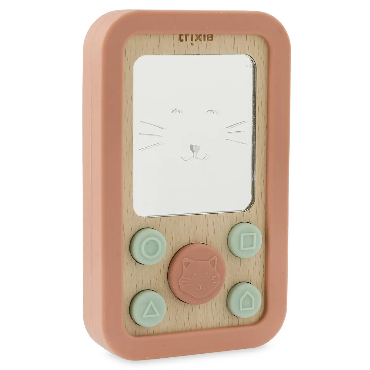 Drewniany i silikonowy telefon dla niemowląt w kolorze brzoskwiniowym z motywem kota i przyciskami w pastelowym odcieniu zieleni dla dziecka. Trixie Drewniany silikonowy telefon dla niemowląt Kot Baby