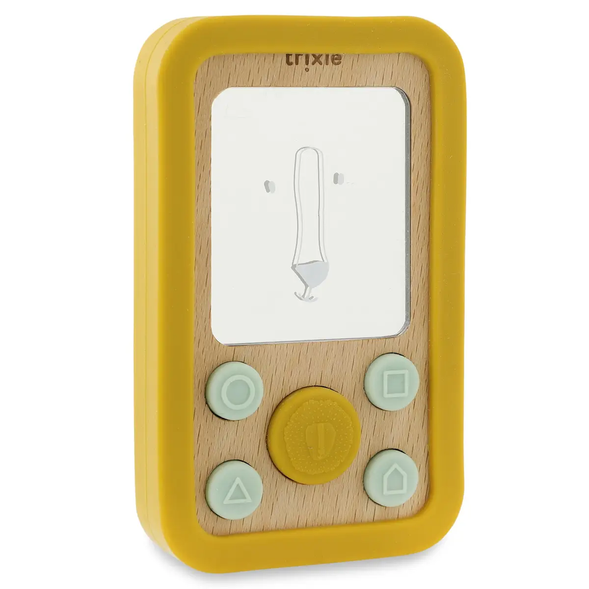 Drewniany telefon dla niemowląt z silikonową obwódką i przyciskami w kolorze żółtym i zielonym z motywem lwa dla dziecka. Trixie Drewniany silikonowy telefon dla niemowląt Lew Baby